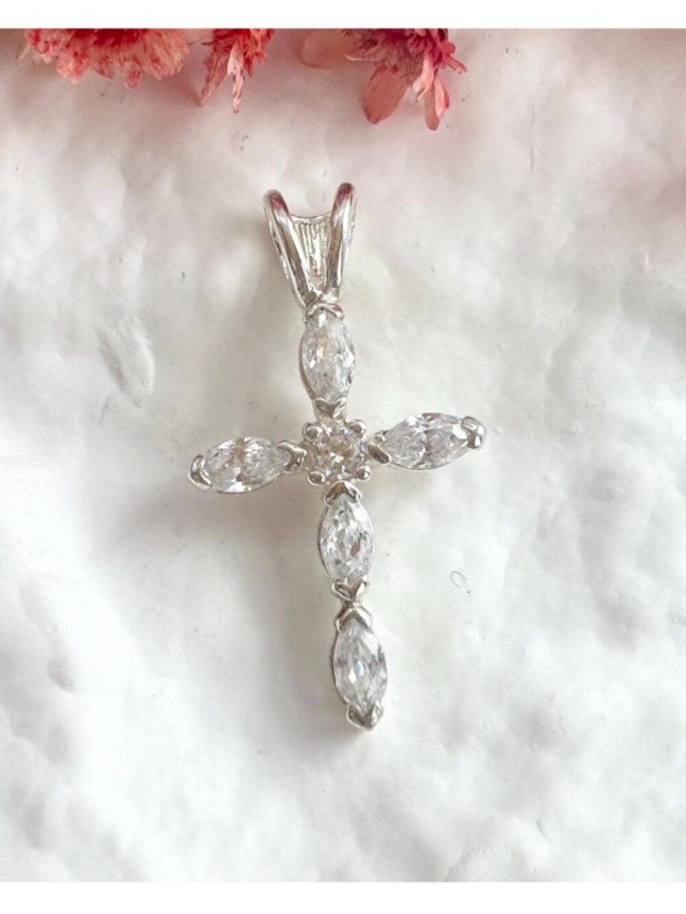 Cross Shaped Marquise Cut Cubic Zirconia Sterling Silver 925 Vintage Pendant